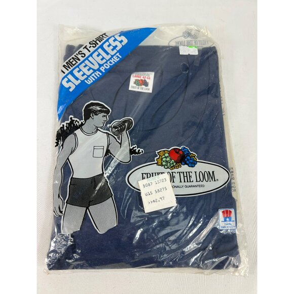 VTG 80s Pocket Shirt Fruit of the Loom Navy Blue Deadstock Sleeveless USA L 42-4 - Picture 1 of 4